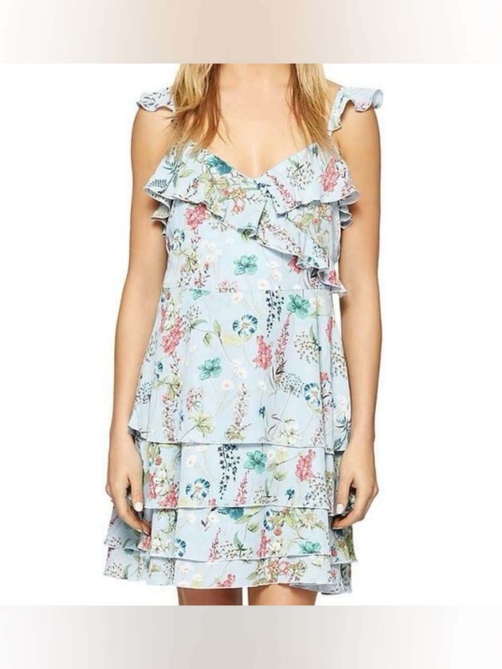 New Sanctuary Light Blue Floral Ruffle Tiered Dress